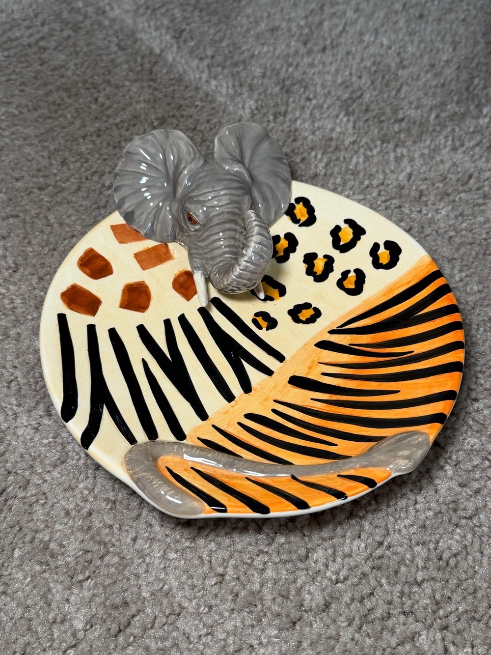 Lotus 2000 Vintage Animal Print Decorative Plate Jewelry Dish with 3D Elephant